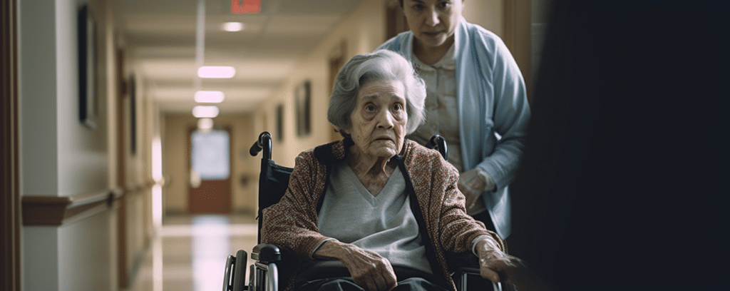 An elderly woman in an Alabama nursing home being pushed by a nurse in a wheelchair