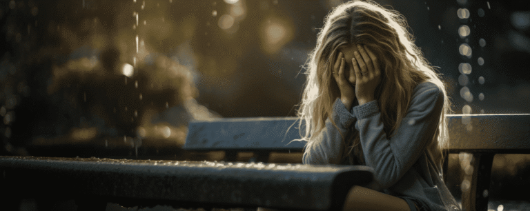 Young woman crying on a park bench outside in Alabama