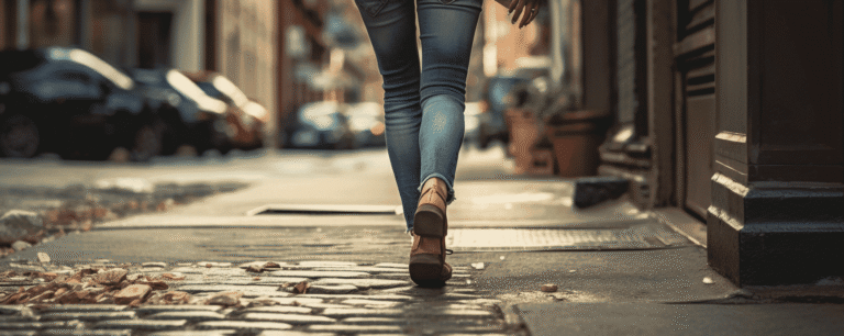 A woman walking down a dangerous sidewalk with tripping hazards