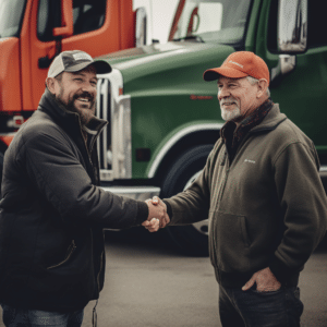 Alabama truck drivers shaking hands in a truck lot