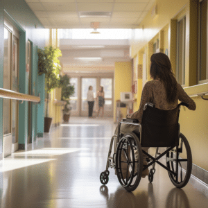 Woman in an Birmingham hospital in a wheelchair