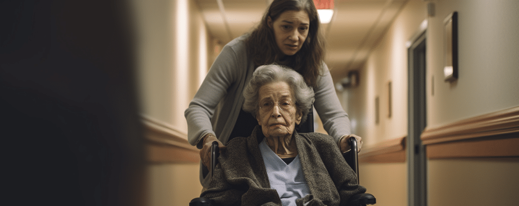 An elderly woman in an Birmingham Alabama nursing home being pushed by a nurse in a wheelchair
