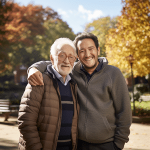 Elderly father and adult son embracing at a park in Birmingham