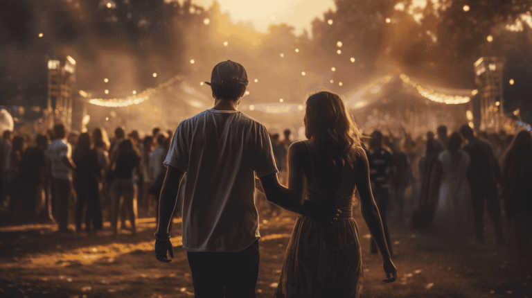 a couple at a concert walking towards a big crowd | concert injuries