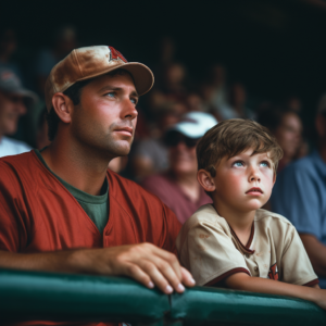 a dad and a son sitting in the stands at a baseball game