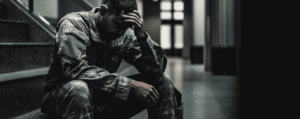 Soldier sitting on a step with a headache and hearing damage in Alabama