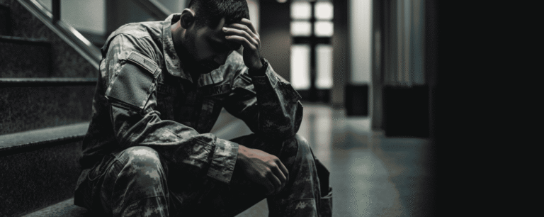 Soldier sitting on a step with a headache and hearing damage in Alabama
