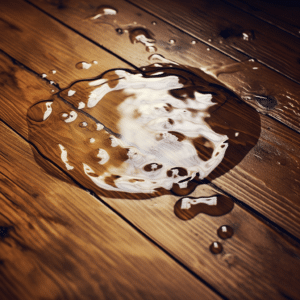 A puddle of water on a hardwood floor, slip and fall hazard