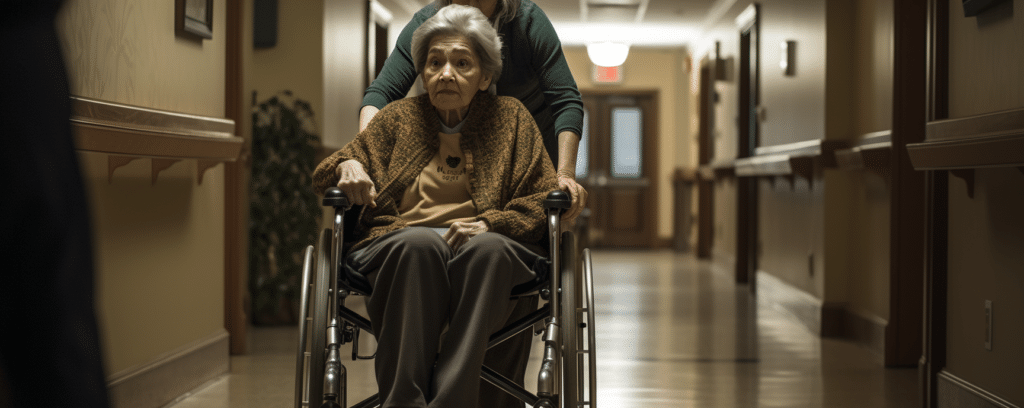 An elderly woman in an Gadsden Alabama nursing home being pushed by a nurse in a wheelchair