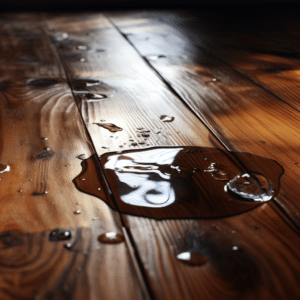 A puddle of water on a hardwood floor, slip and fall hazard
