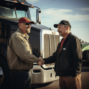 Gadsden Alabama truck drivers shaking hands in a truck lot