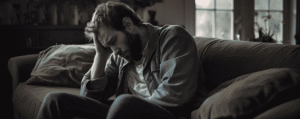 Man sitting on his couch in pain from a defective hernia mesh implant