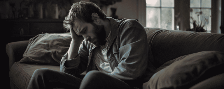 Man sitting on his couch in pain from a defective hernia mesh implant