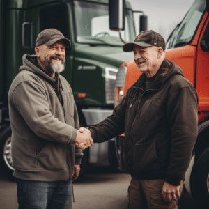 Mobile Alabama truck drivers shaking hands in a truck lot