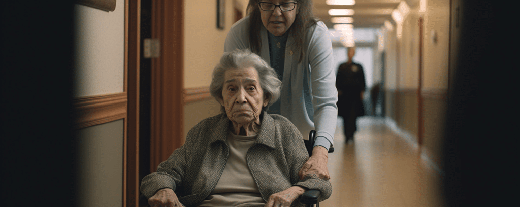 An elderly woman in an Montgomery Alabama nursing home being pushed by a nurse in a wheelchair