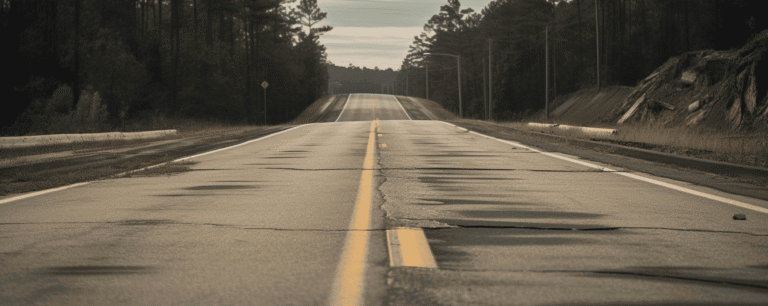 A roadway in Alabama that is old and in bad shape with cracks running through it