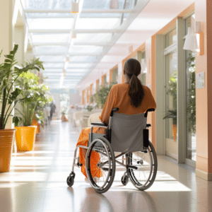 Woman in a Tuscaloosa hospital in a wheelchair