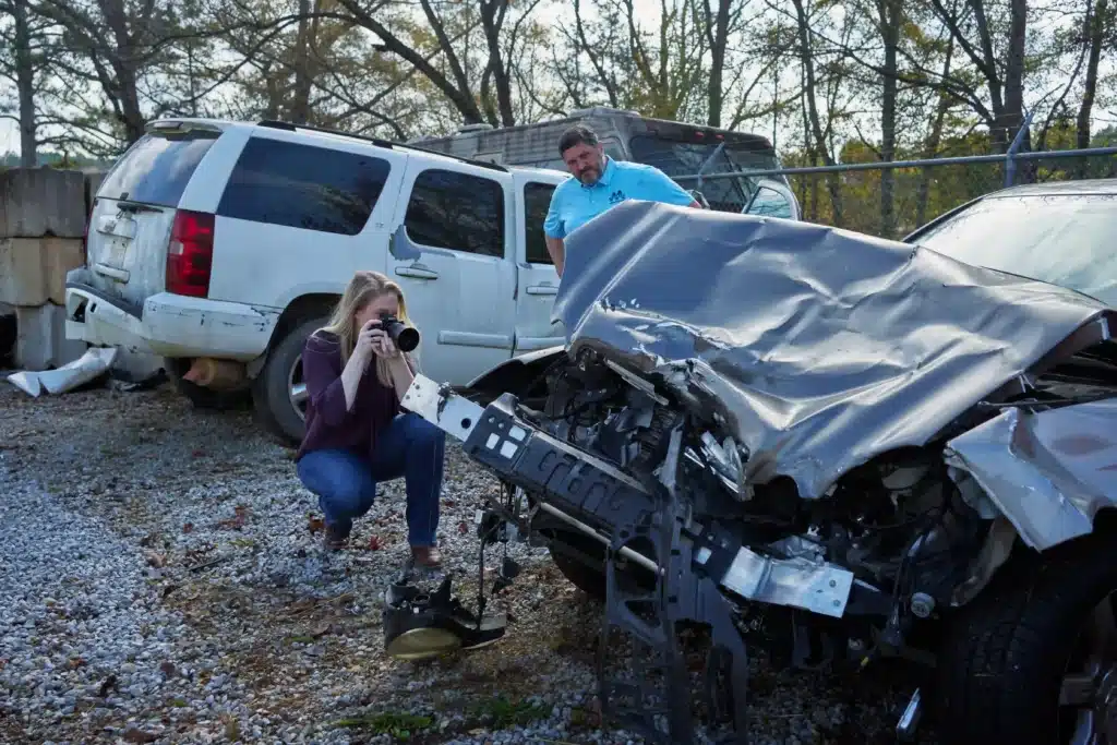 Attorney's from Mezrano® Law Firm looking at car damage from recent accident