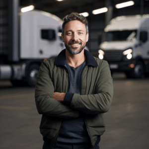 A proud man standing with his arms crossed in front of two semi-trucks
