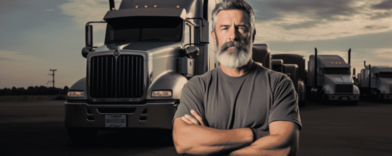Truck driver standing in front of several semi trucks parked in a parking lot | Truck Accidents vs. Car Accidents
