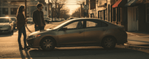 Two people talking on a road