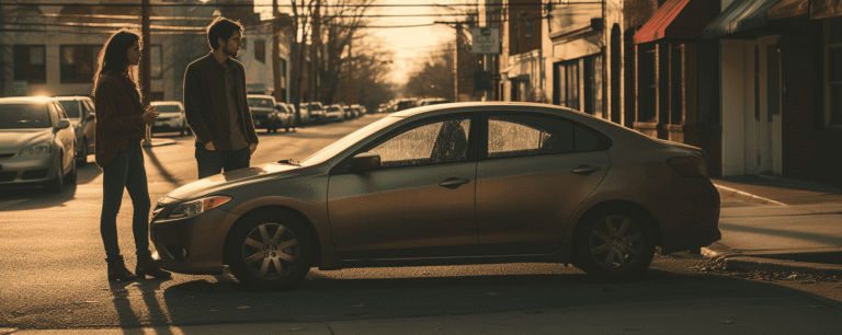 Two people talking on a road