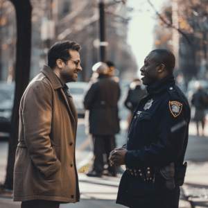Lawyer talking to cop