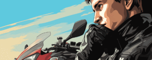 Motorcycle rider thinking