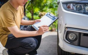 A man fills out an auto insurance form after a car accident