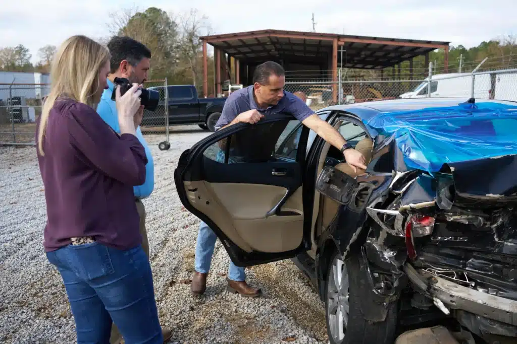 Mezrano® Law Firm employees looking at damage of car at junk yard form recent car accident
