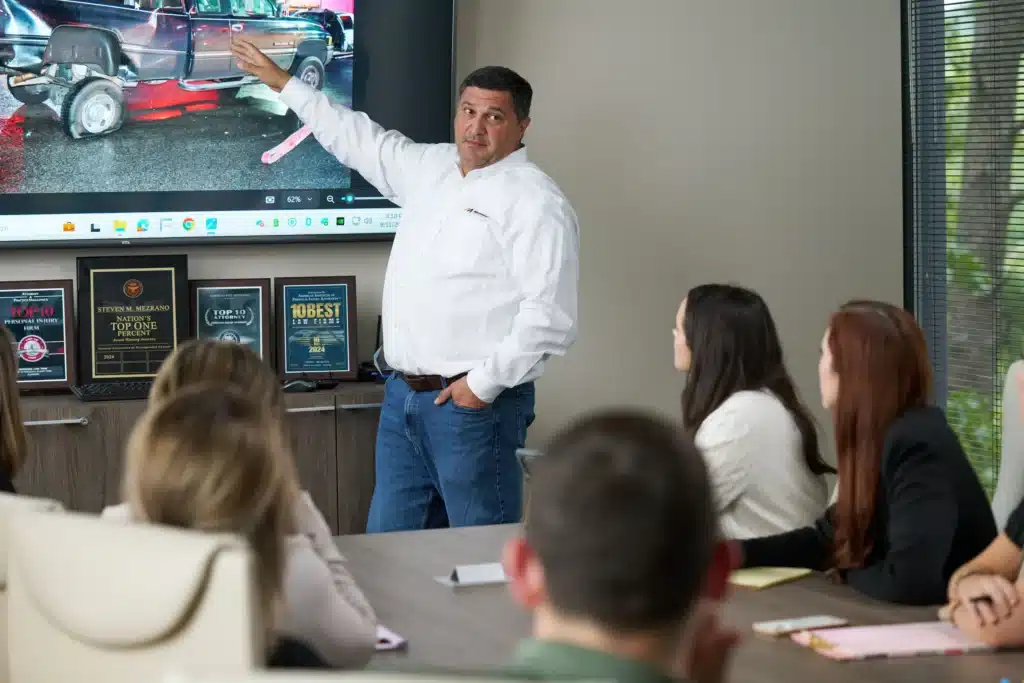 Steven Mezrano presenting evidence photos from recent accident