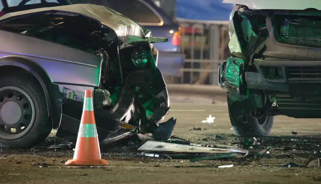 Closeup of 2 cars damaged from car accident