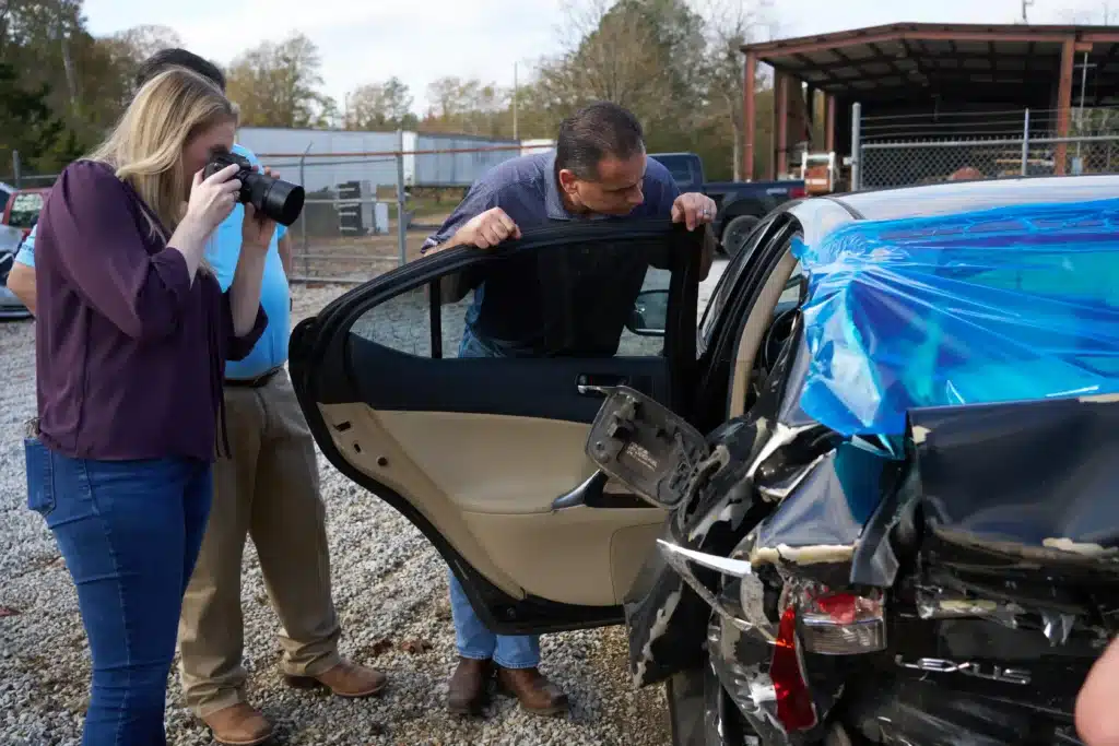 Attorney's from Mezrano® Law Firm looking at car damage from recent accident